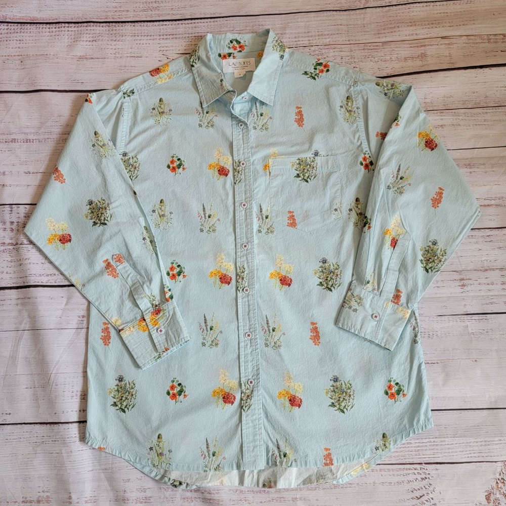 Lazybones Organic Cotton Flower Bunches Print Collared Button Up Womens Small